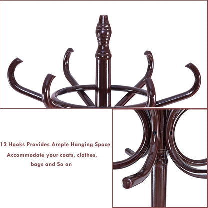 Tangkula 75.5" Standing Coat Rack, Wood Coat Tree with 12 Hooks, Home Hat Jacket Hanger Tree 12 with Umbrella Holder Coat Stand (Brown)