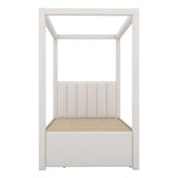 Twin Size Canopy Bed with Trundle and 3 Storage Drawers, Modern Upholstery Canopy Platform Bed with Backrest and Wood Slat Support, Beige Wood Canopy Bed for Kids Teens Adults (Twin) AYJOIR