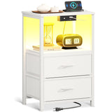Casaottima White Night Stand with Charging Station and LED Lights, End Table for Bedroom with 2 Fabric Drawers, Small Nightstand with Storage Shelf, Bed Side Table, Bedside Table Casaottima