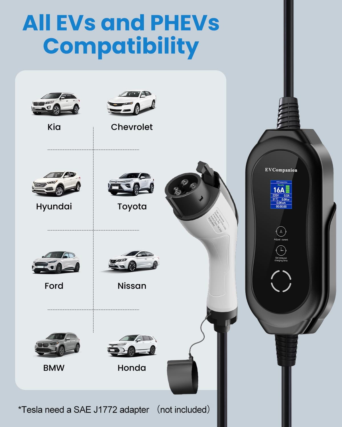 EVCompanion Level 1-2 EV Charger (16 Amp 110-240V 24ft Cable), Portable Electric Vehicle Charger with NEMA 6-20 Plug NEMA 5-15 Adapter,Plug-in Home EV Charging Station for SAE J1772 Evs EVCompanion