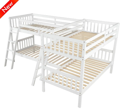 VENYAA Higher Quality and Stronger Solid Wood Quad Bunk Bed Twin Over Twin for 4 with Safer Guardrail and Ladders, Thickened More Stable Wooden Twin Size L-Shaped Bunk Bed (Faster Assembly) (White)