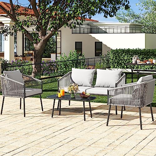 YITAHOME 4-Piece Patio Furniture Wicker Outdoor Bistro Set, All Weather Rattan Loveseat Gray Rope Conversation Sets with Soft Cushions and Side Table for Backyard, Balcony and Deck, Gray - WoodArtSupply