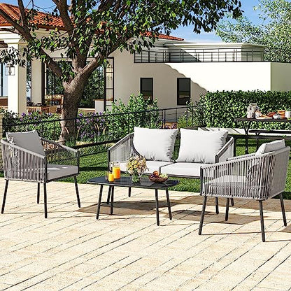 YITAHOME 4-Piece Patio Furniture Wicker Outdoor Bistro Set, All Weather Rattan Loveseat Gray Rope Conversation Sets with Soft Cushions and Side Table for Backyard, Balcony and Deck, Gray - WoodArtSupply