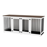 DAWNSPACES Dog Crate Furniture 71" Heavy Duty Wooden Large Dog Kennel with Trays, Removable Divider, Indoor Furniture Style Dog Crate House W/Double Rooms for Large Medium Small Dogs, White DAWNSPACES