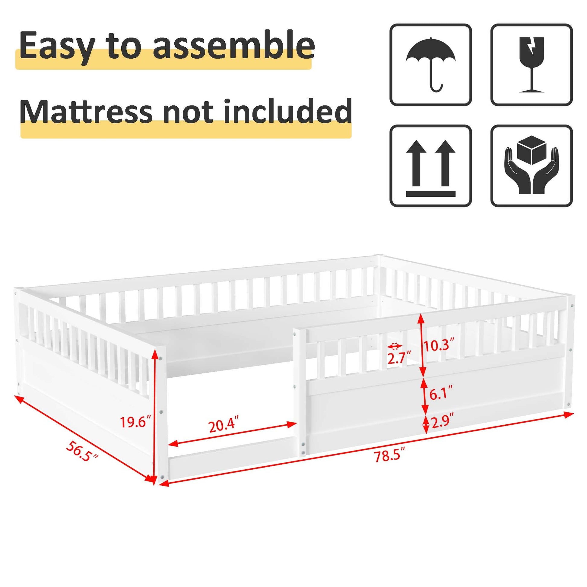 Mirightone Full Size Montessori Floor Bed with High Fence Rails in White for Kids - WoodArtSupply