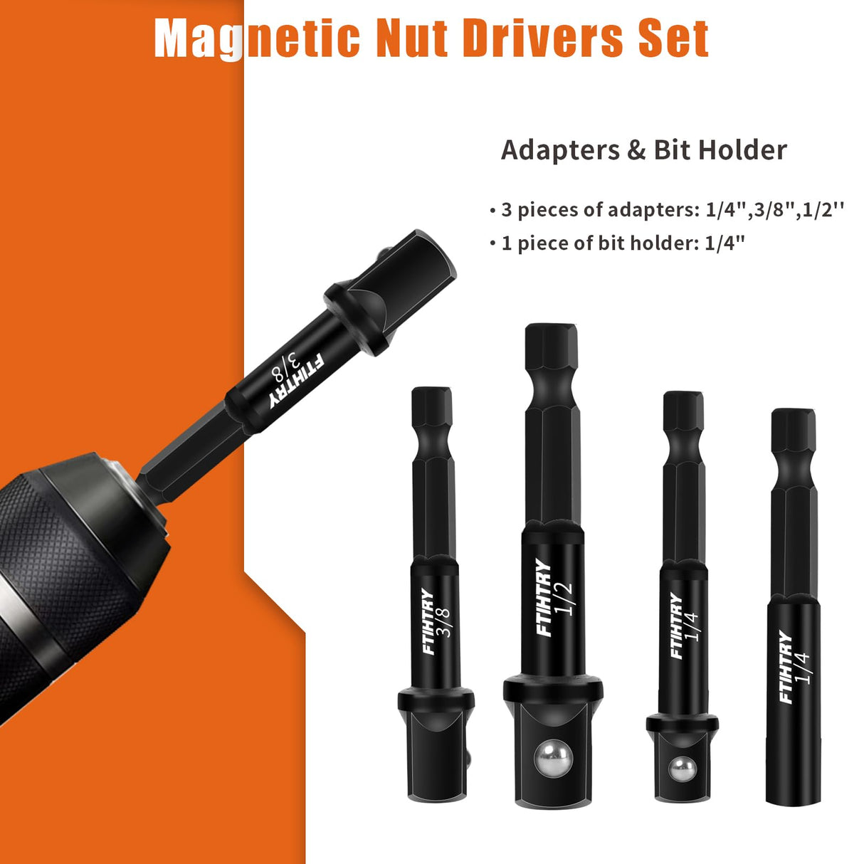 FTIHTRY 39Pcs Magnetic Nut Driver Set for Impact Drill, Metric & SAE Magnetic Impact Drill Driver Bit, 1/4" Hex Shank, Fully Magnetic Hex Nut Driver Drill Bit Master Kit FTIHTRY