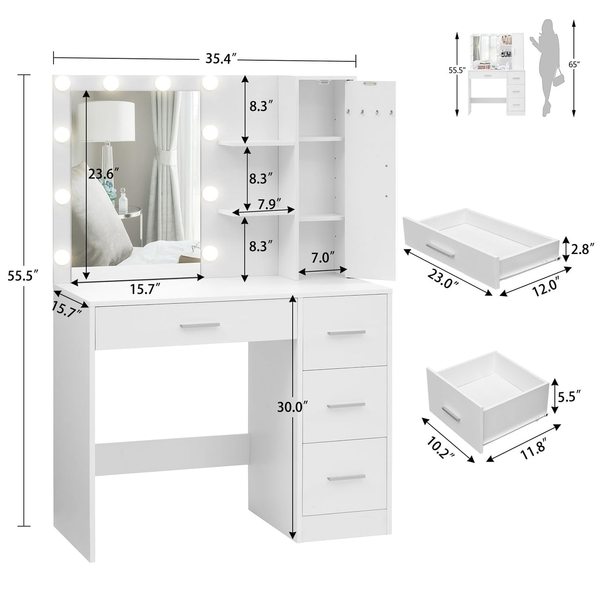 usikey Makeup Vanity with Lights, Vanity Desk with Mirror and 10 LED Lights, Vanity Table Set with 4 Drawers, Cabinet & 4 Necklace Hooks, Dressing Table for Bedroom, White usikey