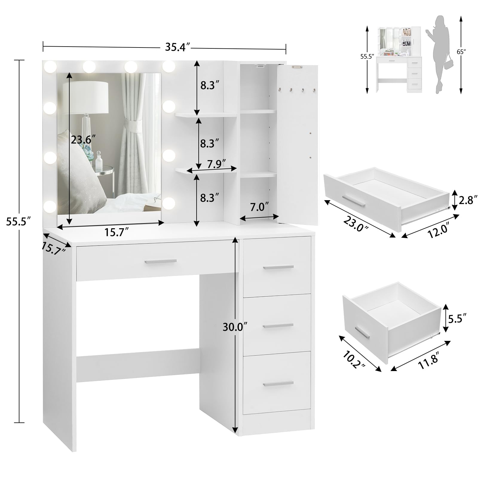 usikey Makeup Vanity with Lights, Vanity Desk with Mirror and 10 LED Lights, Vanity Table Set with 4 Drawers, Cabinet & 4 Necklace Hooks, Dressing Table for Bedroom, White - WoodArtSupply