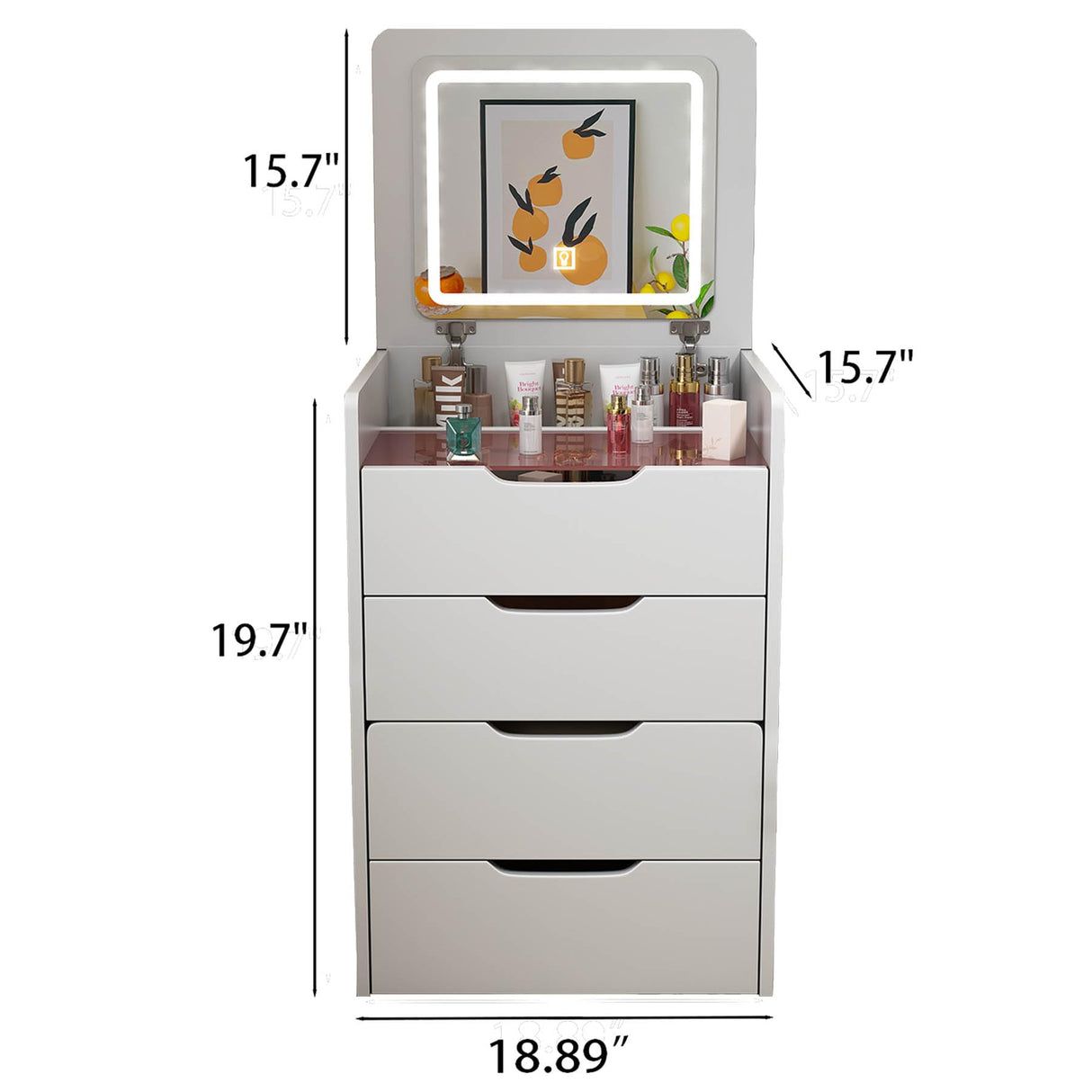 3 in 1 Vanity Desk with Plip Top Mirror, Small Vanity Desk Set with Storage Chair, Compact Makeup Vanity Desk with Visible Glass Desktop, for Bedroom, Apartment, Cloakroom, White (Basic Small Size) RIDFY