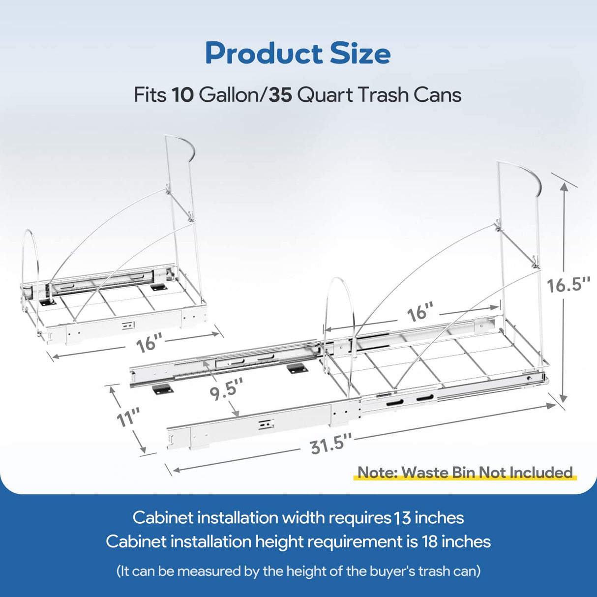 Pull Out Trash Can Under Cabinet & Under Sink - Heavy Duty Sliding Adjustable Cabinet Garbage Can Organizer, Requires Minimum Cabinets Opening 13" W X 18" D,Chrome Finish (Waste Bin Not Included) Tanamu