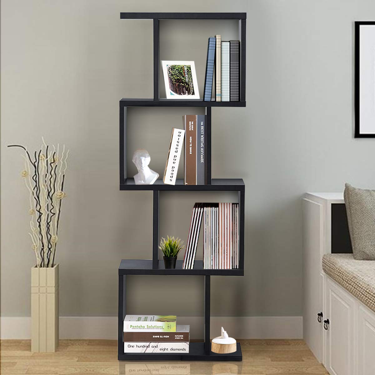 Giantex Modern S-Shaped 4-Tier Bookshelf - Stylish Free-Standing Storage Rack in Black - WoodArtSupply