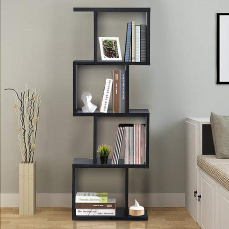 Giantex Modern S-Shaped 4-Tier Bookshelf - Stylish Free-Standing Storage Rack in Black Giantex