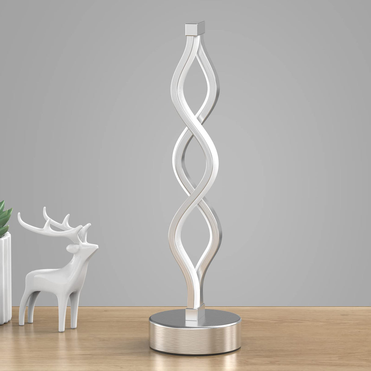 NUÜR Infinity Spiral LED Table Lamp Silver, Dimmable Metallic Bedside Lamp with Touch Controller, 3 Colour Temperature, 15.8 Inch Height, Decorative Lamp for Home, Living Room NUÜR