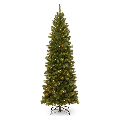 National Tree Company Pre-Lit Artificial Slim Christmas Tree, Green, North Valley Spruce, White Lights, Includes Stand, 7 Feet