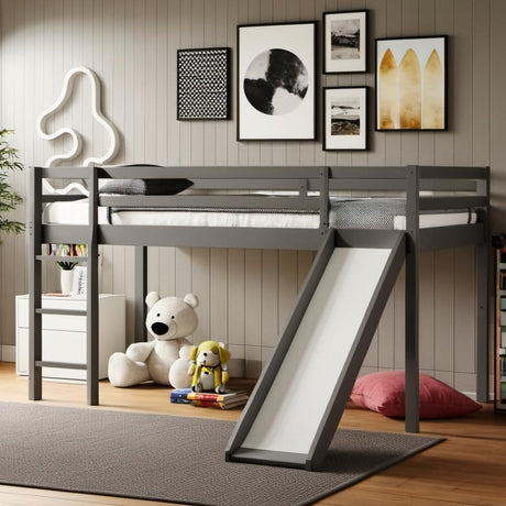 PVWIIK Twin Loft Bed with Slide for Boys and Girls,Toddler Loft beds with Safety Rails & Ladder,Save Space Design for Kids, Teens, Girls, Boys, No Box Spring Needed, Grey PVWIIK