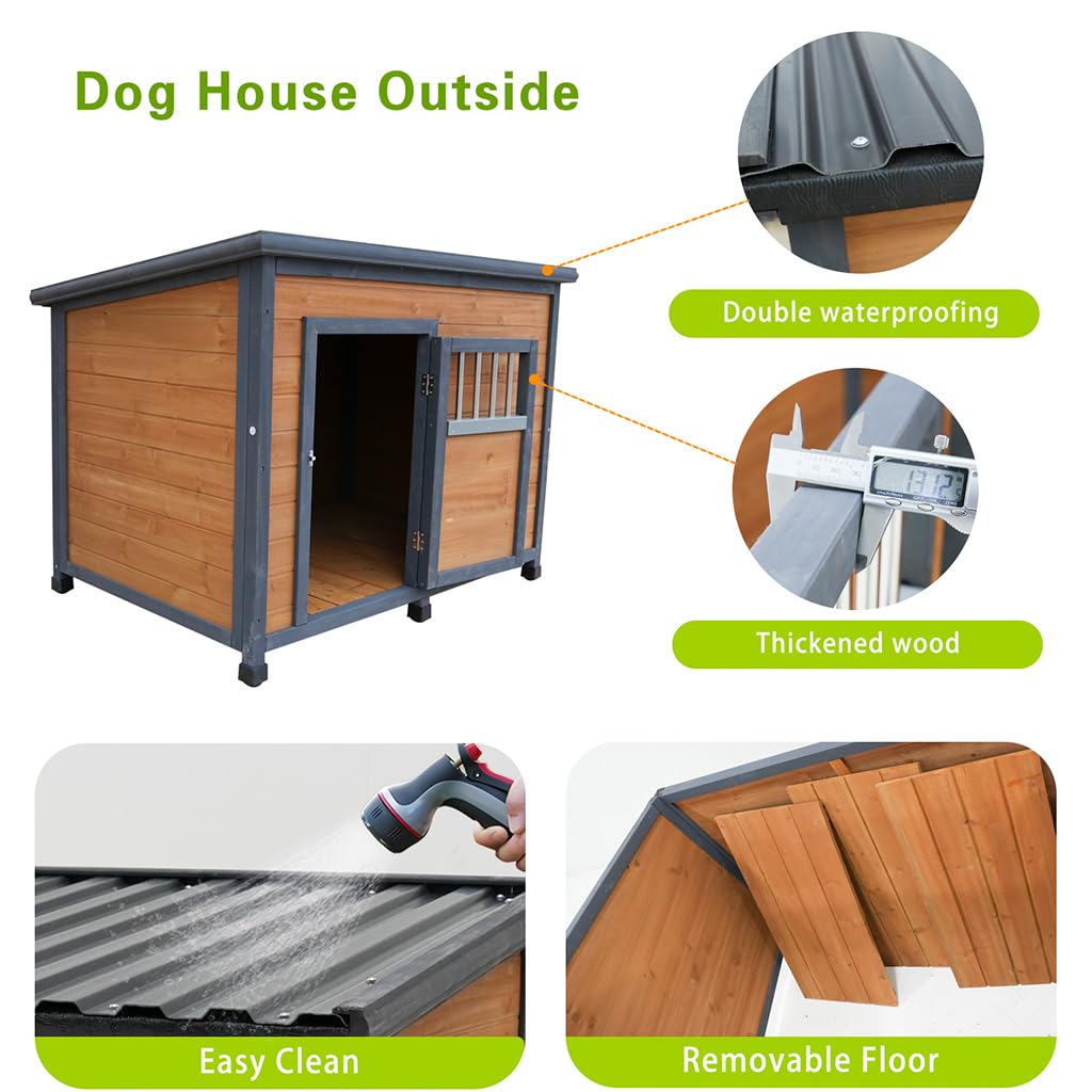 AMZOSS Large Dog House, Indoor & Outdoor Weatherproof Dog Kennel with Doors and Elevated Floor, Solid Wood Doghouse Puppy Shelter for Dogs, Cats, Small Animals, 44.2" L x 31.7" W x 30.5" H