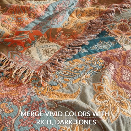 Bailix Boho Throw Blanket for Couch Sofa Bed, 100% Cotton Woven Quilt with Tassel 60”x80”, Super Soft Muslin Blanket with Floral Printed, Decorative Reversible Bed Blanket/Cover for All Seasons Bailix
