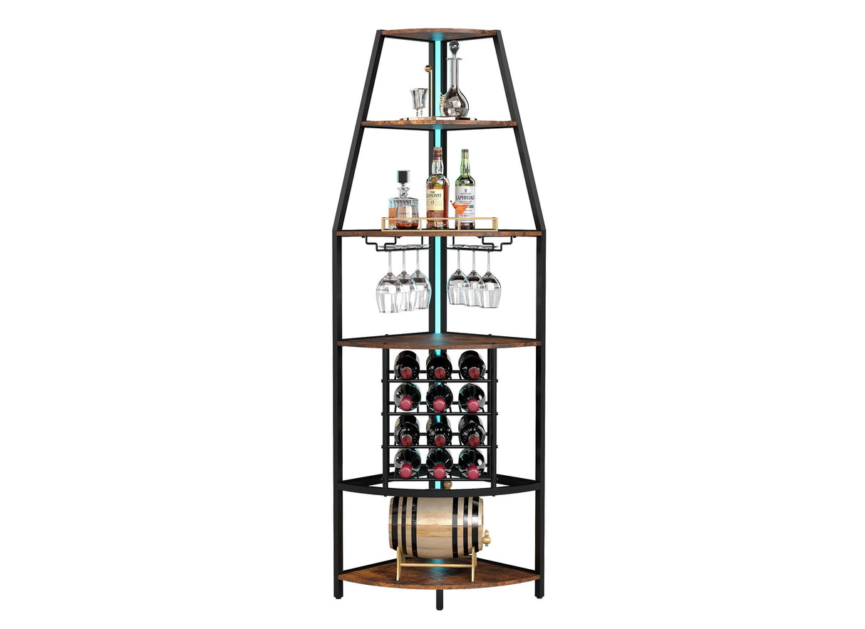 Suuiwau 6-Tier Corner Wine Rack with LED Lights, Floor Standing Wine Storage with Glass Holder, Industrial Metal and Wooden Shelf for Kitchen, Living Room, Dining Room, Home Bar Furniture Suuiwau