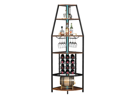 Suuiwau 6-Tier Corner Wine Rack with LED Lights, Floor Standing Wine Storage with Glass Holder, Industrial Metal and Wooden Shelf for Kitchen, Living Room, Dining Room, Home Bar Furniture Suuiwau