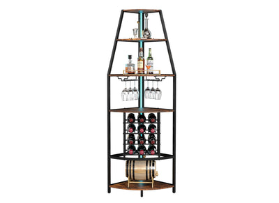 Suuiwau 6-Tier Corner Wine Rack with LED Lights, Floor Standing Wine Storage with Glass Holder, Industrial Metal and Wooden Shelf for Kitchen, Living Room, Dining Room, Home Bar Furniture