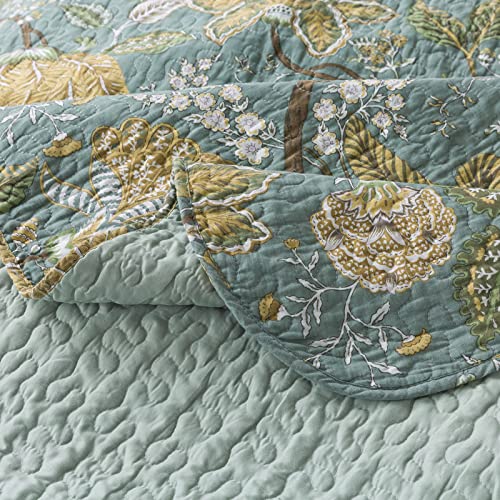 NEWLAKE Cotton Bedspread Quilt Sets-Reversible Patchwork Coverlet Set, Green Floral Pattern, Queen Size NEWLAKE