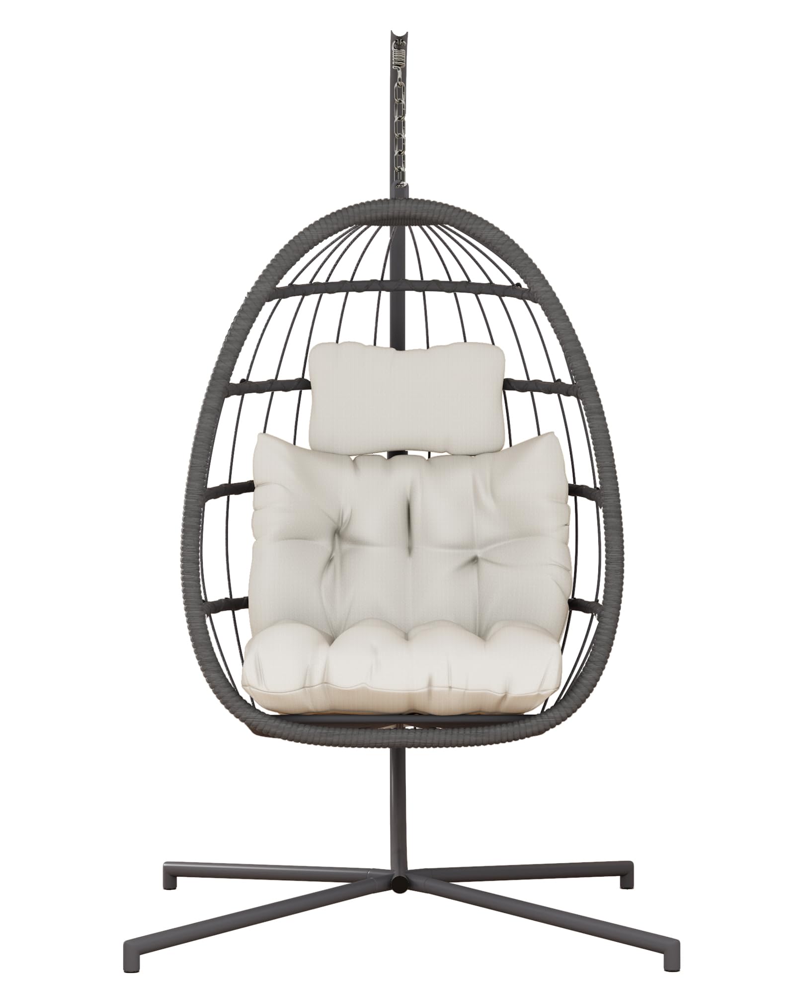 HWB Hanging Egg Chair with Stand, Patio Wicker Egg Swing Chair with Cushion for Bedroom Garden Indoor Outdoor (Beige) - WoodArtSupply