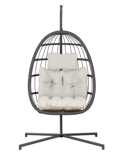 HWB Hanging Egg Chair with Stand, Patio Wicker Egg Swing Chair with Cushion for Bedroom Garden Indoor Outdoor (Beige) - WoodArtSupply