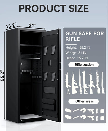 Xyvaly 10-15 Gun Safe, Gun Safe for Rifles and Pistols, Large Rifle Safe, Biometric Gun Safe, Fingerprint Gun Safe for Rifles and Password Lock, Gun Cabinet for Home with Adjustable Shelves