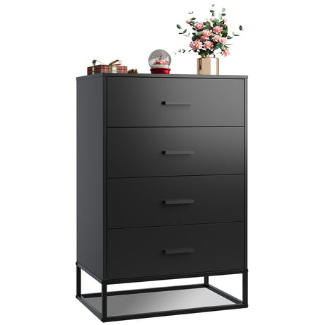 WLIVE Black Dresser for Bedroom with 4 Drawers, Tall Dresser with Sturdy Metal Frame, Wood Chest of Drawers for Closet, Living Room, Hallway WLIVE