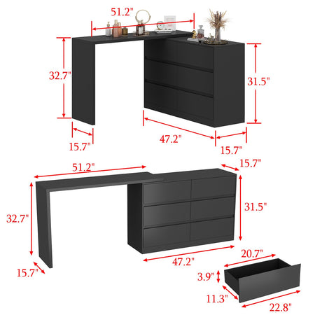 TAMUNE L-Shaped Dressing Table with 6 Drawers, Extendable Vanity Desk and Dresser Combo, Wood Vanity Dresser Makeup Desk, Wide Desktop for Bedroom Dressing Room Black (51.2”W x 47.2”D x 32.7”H) TAMUNE
