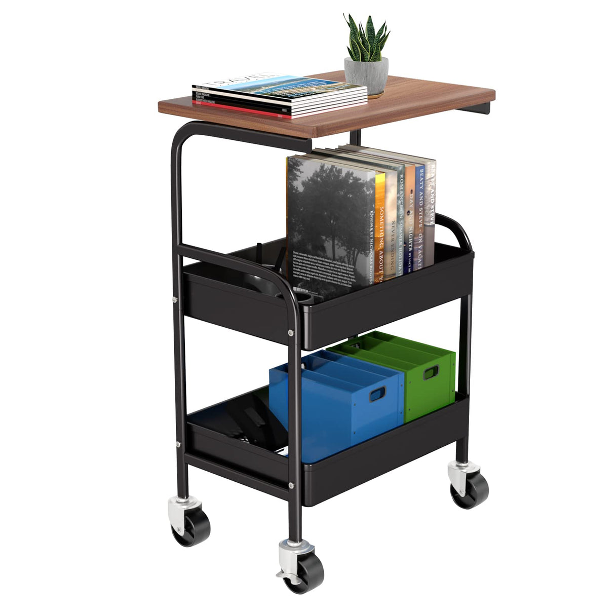 HIDODO Rolling Cart with Wooden Tabletop, 3 Tier Metal Utility Cart, Rolling Storage Organizer Cart with Lockable Wheels for Kitchen, Office, Bedroom (Black) HIDODO