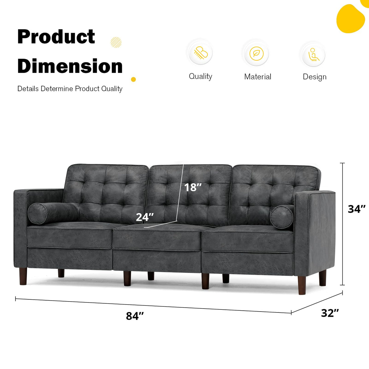 Lesofair 84" Faux Leather Three Seater Sofa with Two Bolster Pillows, Tufted Sofa with Wooden Legs, Mordern Couch for Living Room, Office, Apartment, Grey Lesofair