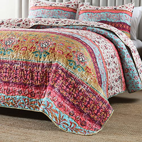 Boho Style Twin Size Quilt Set Reversible Bohemian Floral Strip Quilt Beddding Set, Soft and Lightweight Bedspread for All Season,XL Twin Bed Coverlet with 1 Matching Pillow Sham (2 Pieces) HORIMOTE HOME