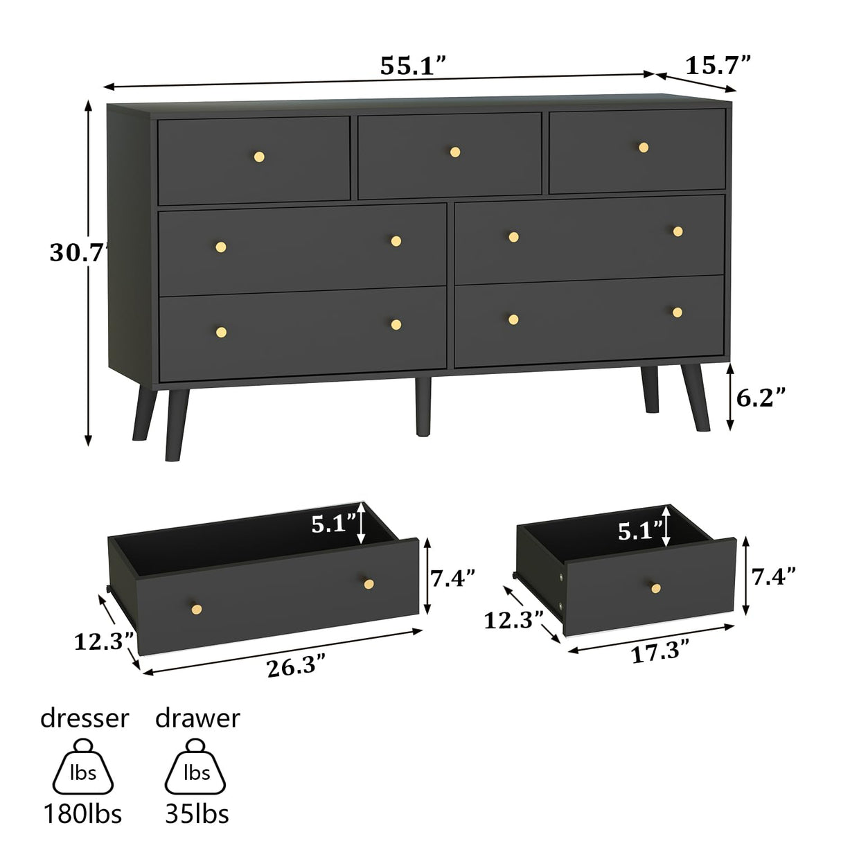 Wananlanen 7 Drawers Dresser for Bedroom, 55'' Dressers & Chests of Drawers with Gold Handles and 7 Large Drawer, Modern Double Wooden Storage Organizer Cabinet, Hallway, Black Wananlanen