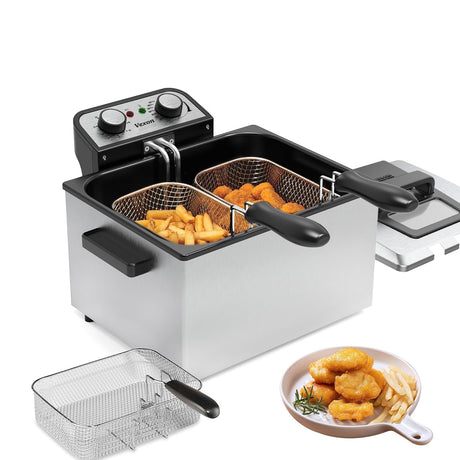 1800W 5 Liters/21 Cups Large Electric Deep Fryer with 3 Frying Baskets for Home Use, Adjustable Temperature,View Window Lid,Countertop Stainless Steel Body Deep Fryer Pot,Perfect for Kitchen, Fry Fish Vexon