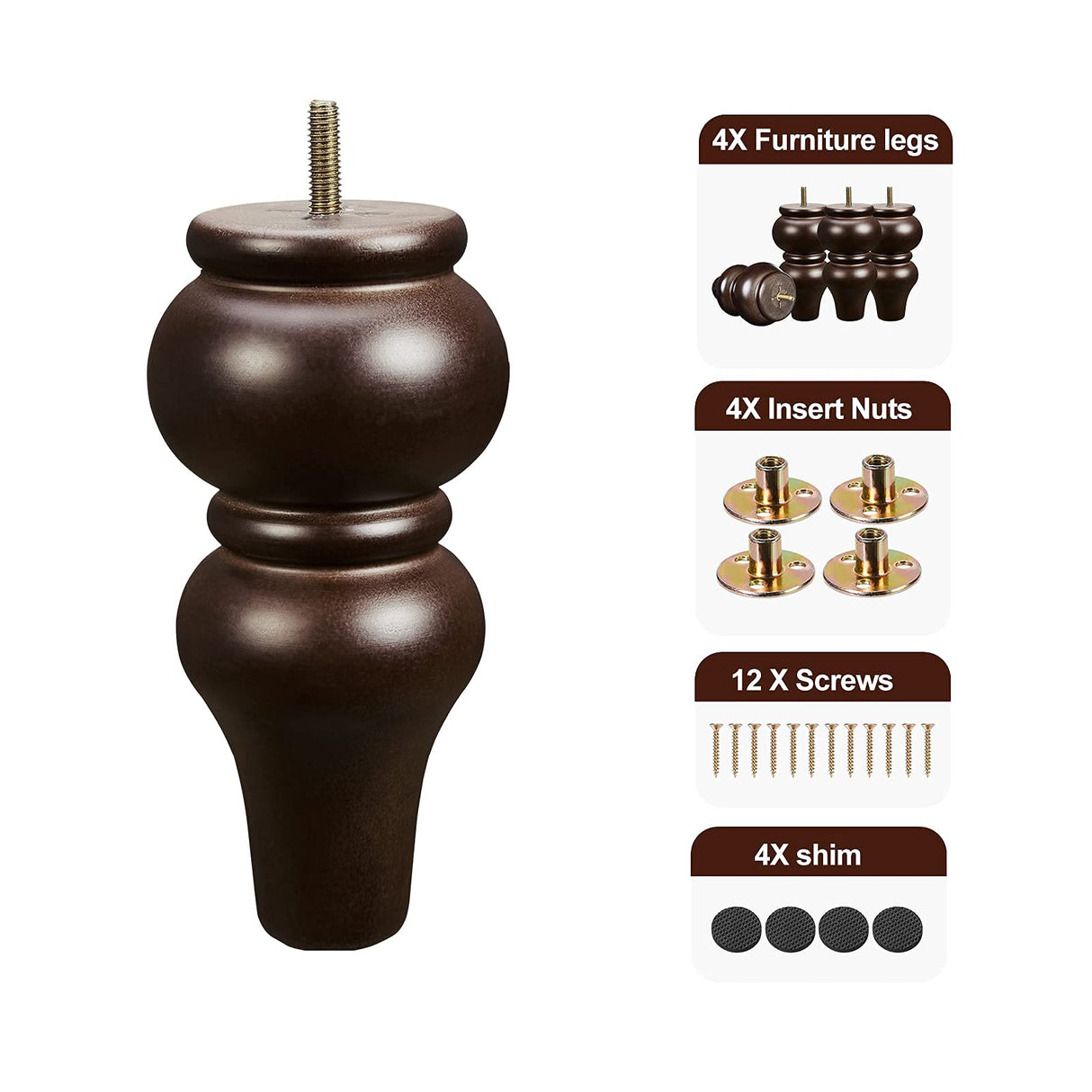 SHANJUE Wood Furniture Legs 8 inch Sofa Legs Pack of 4,Round Couch Legs Espresso Mid Century Chair feet Replacement,Sofa Replacement Parts SHANJUE