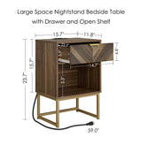 Masupu Nightstand with Charging Station,Modern Night Stand Boho Farmhouse Wood Bedside Table with Storage Drawer Side End Table for Bedroom,Living Room,Office,Walnut Brown with Outlet Masupu