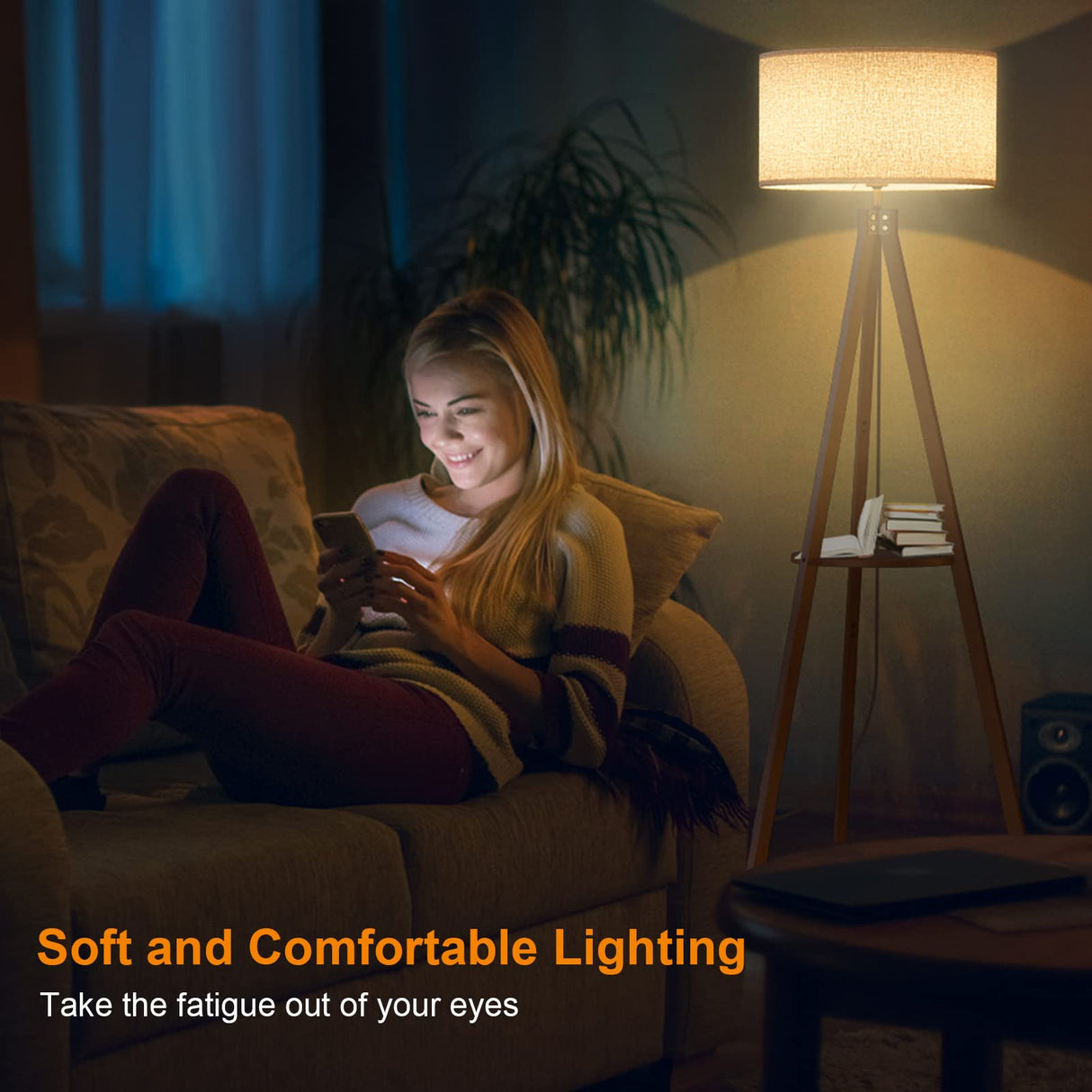 LEPOWER Tripod Floor Lamp, Mid Century Wood Standing Lamp, Modern Design Shelf Floor Lamp for Living Room, Bedroom, Office, Flaxen Lamp Shade with E26 Lamp Base LEPOWER