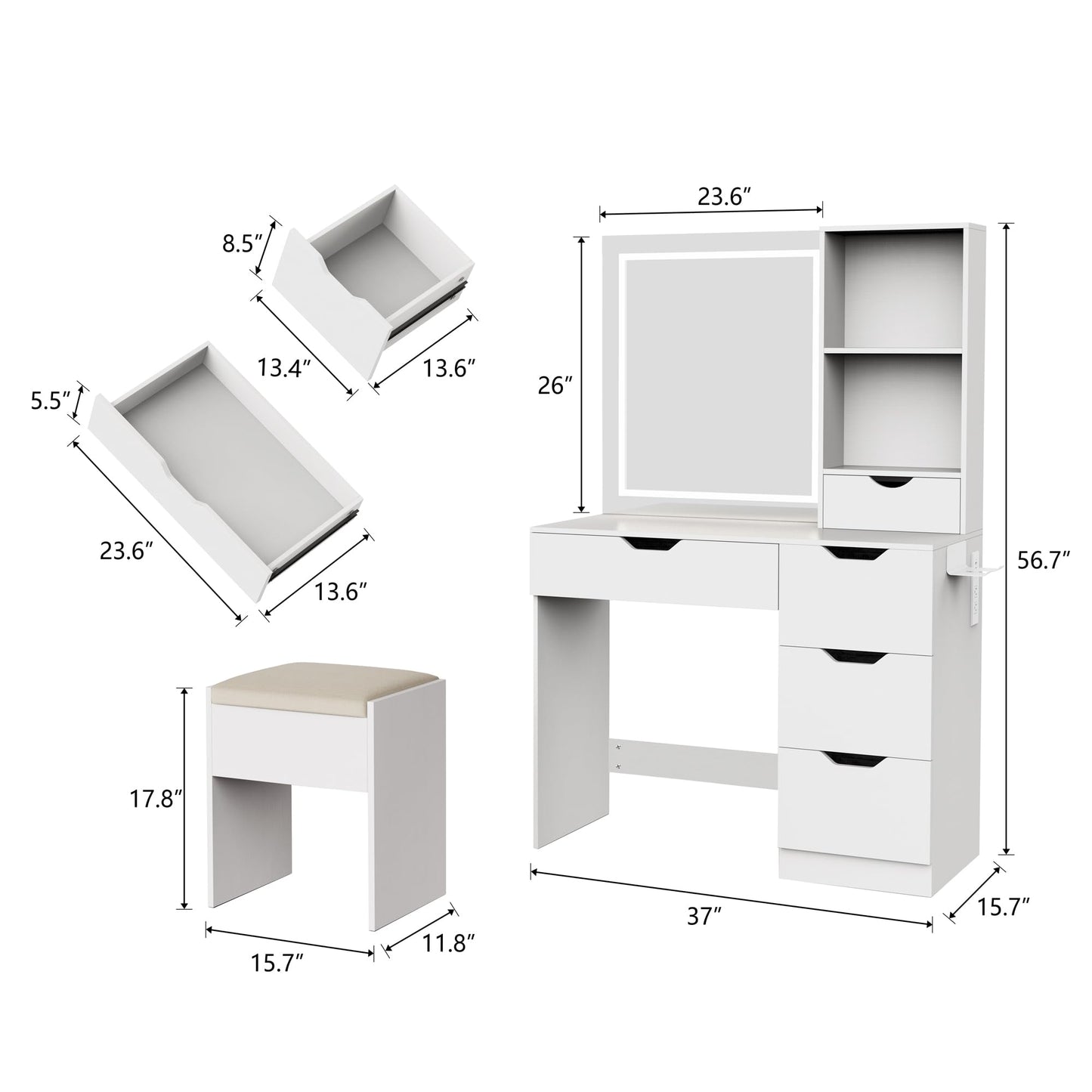 HUAHUU Vanity Desk with LED Lights Mirror & Power Outlet, 3 Lighting Colors Vanity Desk with 5 Drawers, Makeup Vanity Set and Cushioned Stool for Bedroom, White - WoodArtSupply