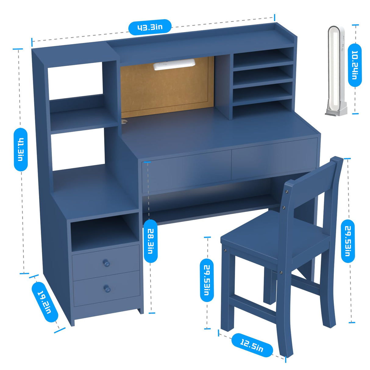 RUPOLX Blue Kids Desk and Chair Set for 5-12 Year Old,Kids Study Desk with 3-Color Lights,Childrens Computer with 4 Drawers, Kids Study Table with Storage Shelf -D-40 RUPOLX