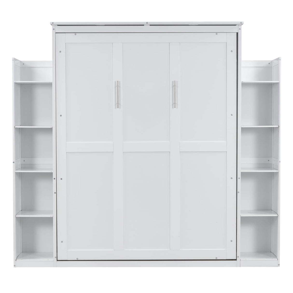 Merax Queen Size Murphy Bed, Wooden Queen Wall Bed with Shelves and LED Lights, White Merax