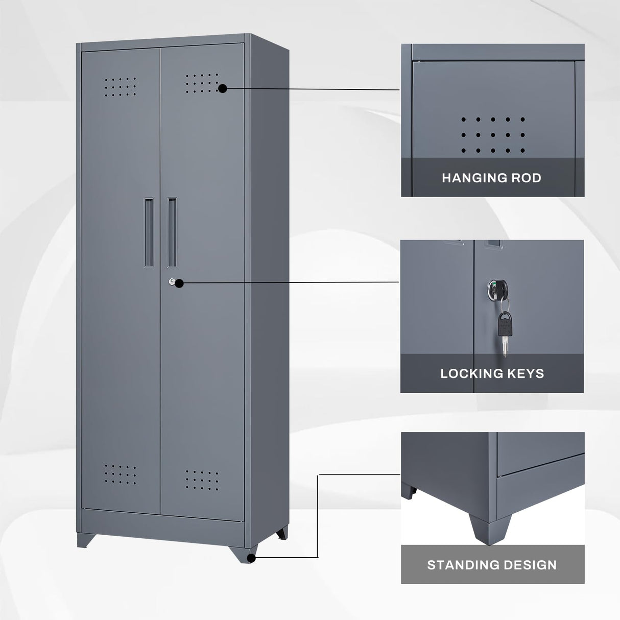 LUCYPAL 65" H Metal Garage Storage Cabinet with Shelves and Lock,Broom Closet Storage Cabinet with Hanging Rods for Mops,Garage Tool Cabinets for Utility Room,Laundry Room,Grey LUCYPAL