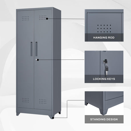 LUCYPAL 65" H Metal Garage Storage Cabinet with Shelves and Lock,Broom Closet Storage Cabinet with Hanging Rods for Mops,Garage Tool Cabinets for Utility Room,Laundry Room,Grey LUCYPAL