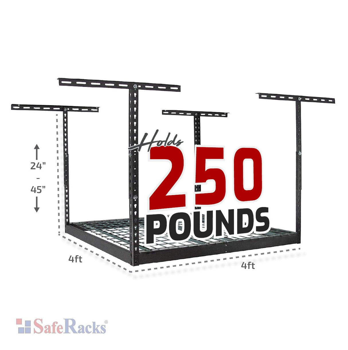 SafeRacks 4x4 Overhead Garage Storage Rack - Heavy Duty Storage Racks, Easy Garage Shelving, Ceiling Mounted Storage Shelves, Grey, 250 lb Capacity, 24"-45" Adjustable Height SafeRacks