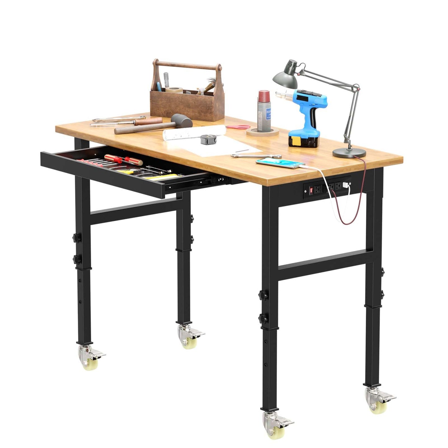 48" Adjustable Workbench, Rubber Wood Top Heavy-Duty Workstation, 2000 LBS Load Capacity Hardwood Worktable with Power Outlets, for Workshop, Garage, Office, Home (48in Workbench with a drawe - WoodArtSupply