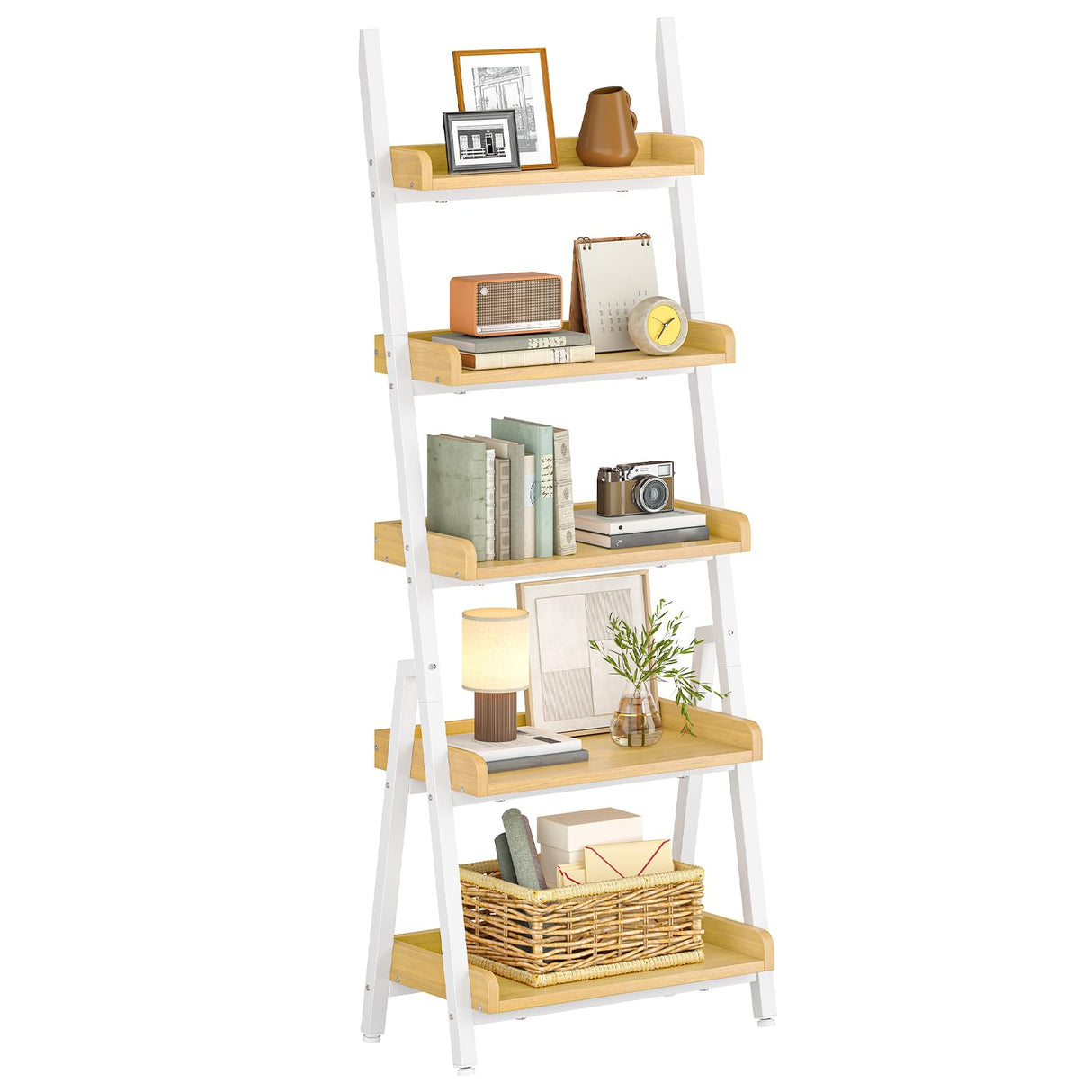 HOOBRO Small Bookcase, Ladder Shelf, 5-Tier Wall-Leaning Shelf, Freestanding Storage Rack, Display Stand, for Living Room, Home Office, Balcony, Bedroom, White and Natural WN151CJ01 HOOBRO
