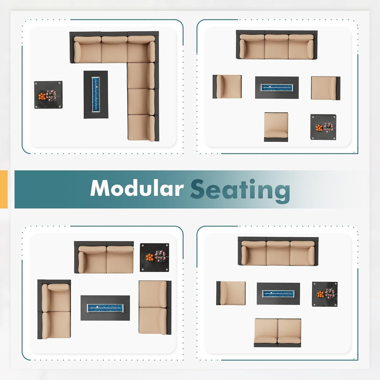 Patiomore 8-Pieces Outdoor Patio Furniture Sets,45”Propane Gas Fire Pit Table， All-Weather Black Brown Wicker Rattan Sectional Sofa, Washable Seat Cushion(Beige) Patiomore