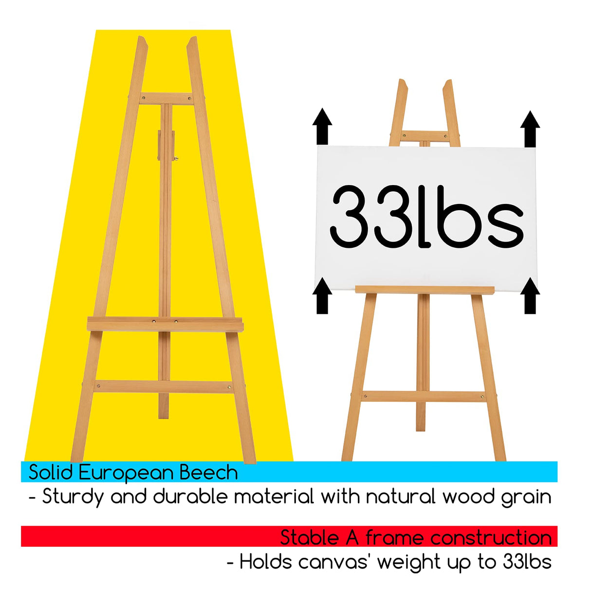 MEEDEN Large Adjustable Wooden Easel, Art Easel Stand for Painting Canvas, Holds Canvas up to 90", Beech Wood Floor Easel for Adults, Heavy Duty Artist Display Easel Holds 33 lbs for Drawing, Signs MEEDEN