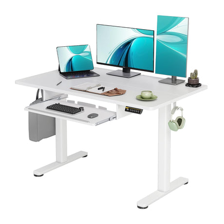 Claiks Standing Desk with Keyboard Tray, Electric Standing Desk Adjustable Height, 48x24 Inches Sit Stand up Desk with Splice Board, Raising Desk for Home Office, White Claiks
