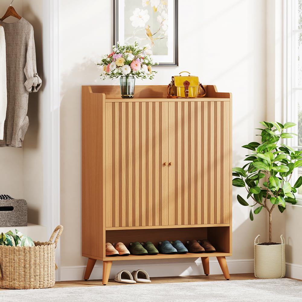 Tribesigns Shoe Cabinet with Doors, 5-Tier Shoe Storage Cabinet with Adjustable Shelves, Wooden Narrow Shoes Rack Shoe Storage Organizer for Entryway, Hallway, Closet, Living Room (1) Tribesigns